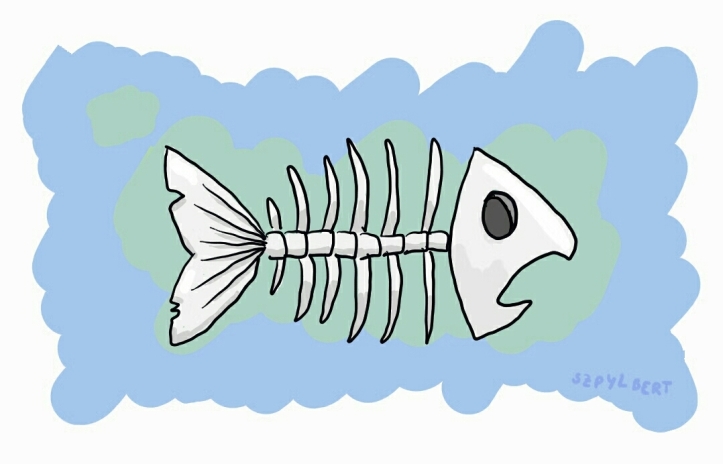 Szpylbert cartoon showing fish bones